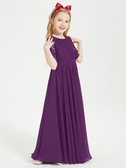 Long Junior Bridesmaid Gown Lace Top Half Sleeves Grape