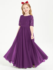 Long Junior Bridesmaid Gown Lace Top Half Sleeves Grape