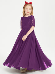 Long Junior Bridesmaid Gown Lace Top Half Sleeves Grape