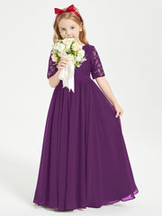 Long Junior Bridesmaid Gown Lace Top Half Sleeves Grape