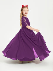 Long Junior Bridesmaid Gown Lace Top Half Sleeves Grape