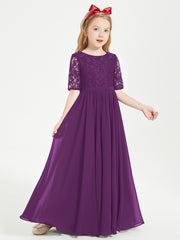 Long Junior Bridesmaid Gown Lace Top Half Sleeves Grape