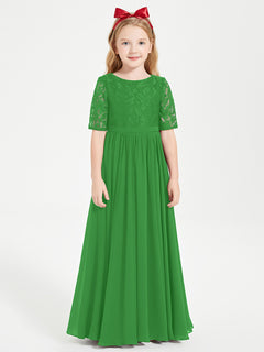 Long Junior Bridesmaid Gown Lace Top Half Sleeves Green