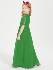 Long Junior Bridesmaid Gown Lace Top Half Sleeves Green