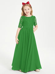 Long Junior Bridesmaid Gown Lace Top Half Sleeves Green