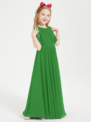Long Junior Bridesmaid Gown Lace Top Half Sleeves Green