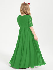 Long Junior Bridesmaid Gown Lace Top Half Sleeves Green