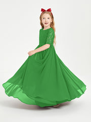 Long Junior Bridesmaid Gown Lace Top Half Sleeves Green