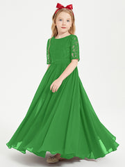 Long Junior Bridesmaid Gown Lace Top Half Sleeves Green
