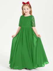 Long Junior Bridesmaid Gown Lace Top Half Sleeves Green