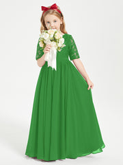 Long Junior Bridesmaid Gown Lace Top Half Sleeves Green