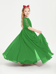 Long Junior Bridesmaid Gown Lace Top Half Sleeves Green