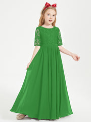 Long Junior Bridesmaid Gown Lace Top Half Sleeves Green