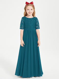 Long Junior Bridesmaid Gown Lace Top Half Sleeves Ink Blue