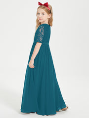 Long Junior Bridesmaid Gown Lace Top Half Sleeves Ink Blue
