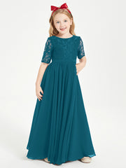 Long Junior Bridesmaid Gown Lace Top Half Sleeves Ink Blue