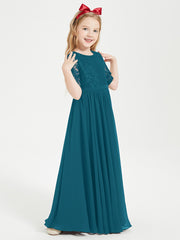 Long Junior Bridesmaid Gown Lace Top Half Sleeves Ink Blue