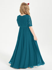 Long Junior Bridesmaid Gown Lace Top Half Sleeves Ink Blue
