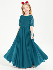 Long Junior Bridesmaid Gown Lace Top Half Sleeves Ink Blue