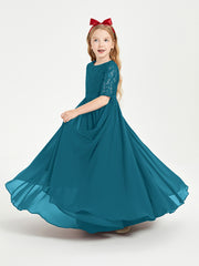 Long Junior Bridesmaid Gown Lace Top Half Sleeves Ink Blue