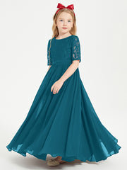 Long Junior Bridesmaid Gown Lace Top Half Sleeves Ink Blue