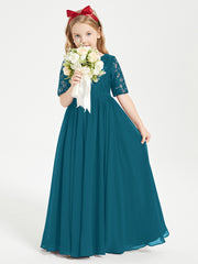 Long Junior Bridesmaid Gown Lace Top Half Sleeves Ink Blue