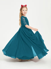 Long Junior Bridesmaid Gown Lace Top Half Sleeves Ink Blue