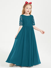 Long Junior Bridesmaid Gown Lace Top Half Sleeves Ink Blue