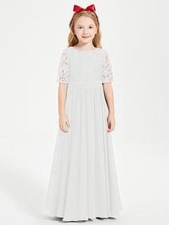 Long Junior Bridesmaid Gown Lace Top Half Sleeves Ivory