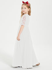 Long Junior Bridesmaid Gown Lace Top Half Sleeves Ivory