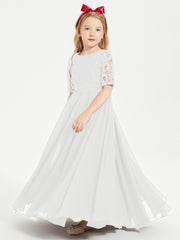 Long Junior Bridesmaid Gown Lace Top Half Sleeves Ivory