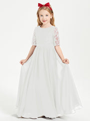 Long Junior Bridesmaid Gown Lace Top Half Sleeves Ivory