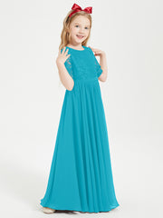Long Junior Bridesmaid Gown Lace Top Half Sleeves Jade