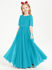 Long Junior Bridesmaid Gown Lace Top Half Sleeves Jade