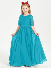 Long Junior Bridesmaid Gown Lace Top Half Sleeves Jade