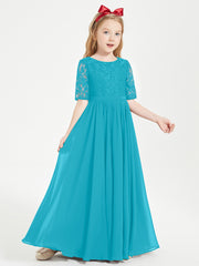 Long Junior Bridesmaid Gown Lace Top Half Sleeves Jade