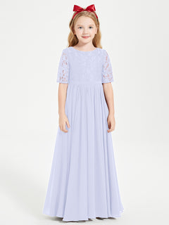 Long Junior Bridesmaid Gown Lace Top Half Sleeves Lavender