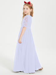 Long Junior Bridesmaid Gown Lace Top Half Sleeves Lavender