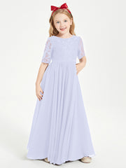 Long Junior Bridesmaid Gown Lace Top Half Sleeves Lavender