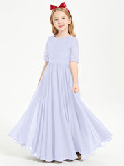 Long Junior Bridesmaid Gown Lace Top Half Sleeves Lavender