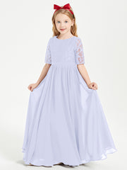 Long Junior Bridesmaid Gown Lace Top Half Sleeves Lavender