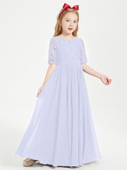 Long Junior Bridesmaid Gown Lace Top Half Sleeves Lavender