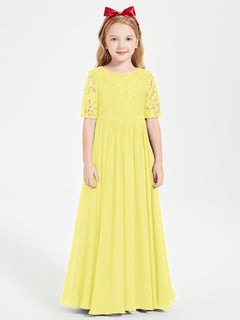 Long Junior Bridesmaid Gown Lace Top Half Sleeves Lemon