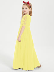Long Junior Bridesmaid Gown Lace Top Half Sleeves Lemon
