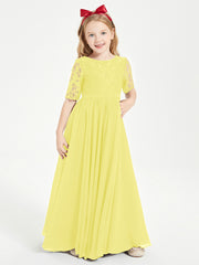 Long Junior Bridesmaid Gown Lace Top Half Sleeves Lemon