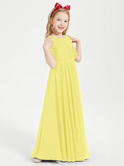 Long Junior Bridesmaid Gown Lace Top Half Sleeves Lemon