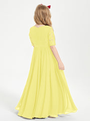 Long Junior Bridesmaid Gown Lace Top Half Sleeves Lemon