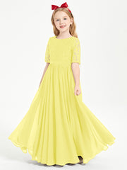 Long Junior Bridesmaid Gown Lace Top Half Sleeves Lemon