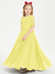 Long Junior Bridesmaid Gown Lace Top Half Sleeves Lemon