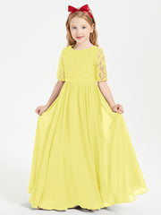 Long Junior Bridesmaid Gown Lace Top Half Sleeves Lemon